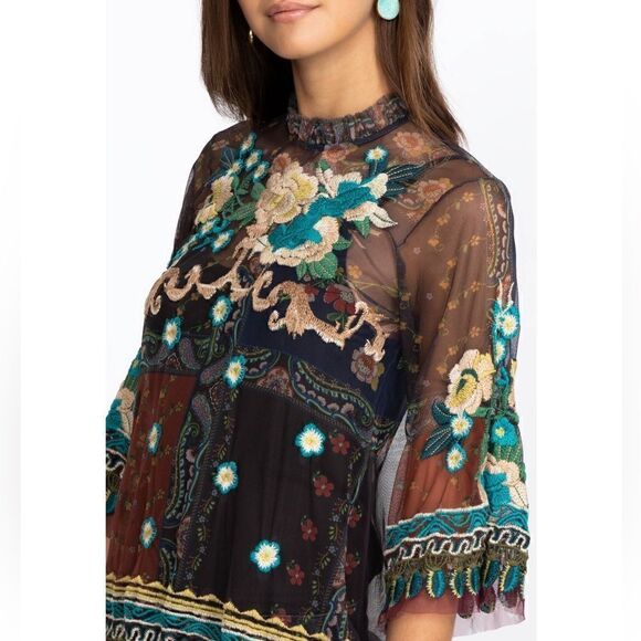 Johnny Was Renley Black Brown Blouse Sheer Mesh Floral Embroidered Size  XS - Picture 3 of 10